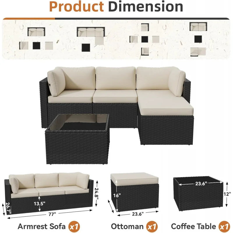 2026：Outdoor Patio Furniture , 5-Rattan Pieces  All-Weather Sectional