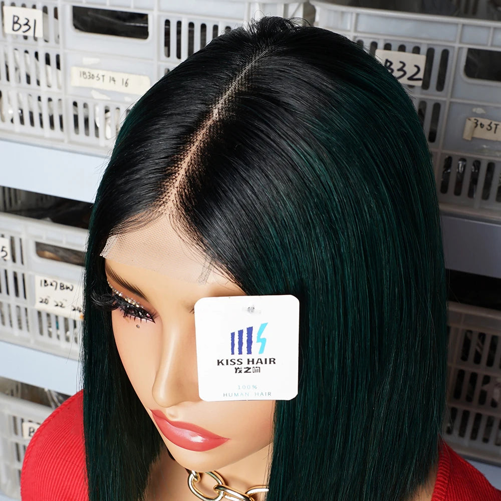 Green Short Bob Wig 2*4 Lace Wig Middle Part 300% Bone Straight