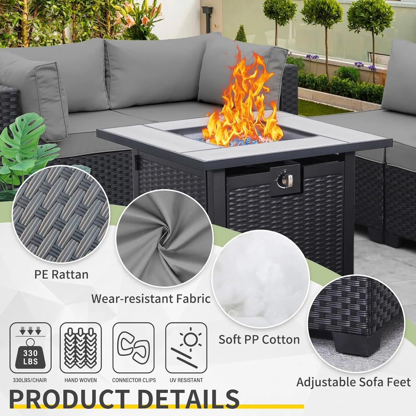 5 Piece Black Rattan Sectional Sofa Set with Propane Fire Pit Table