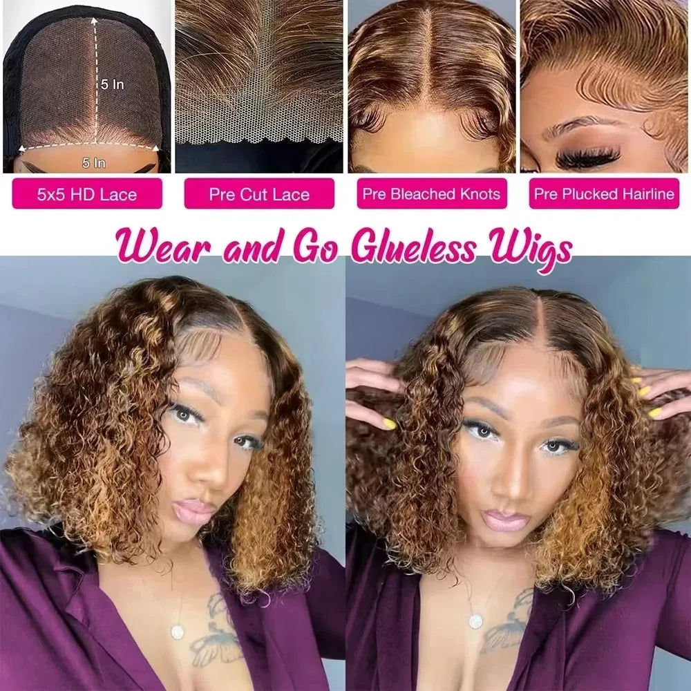 Curly Short Bob Wig Highlight 4/27 Honey Blonde Human Glueless
