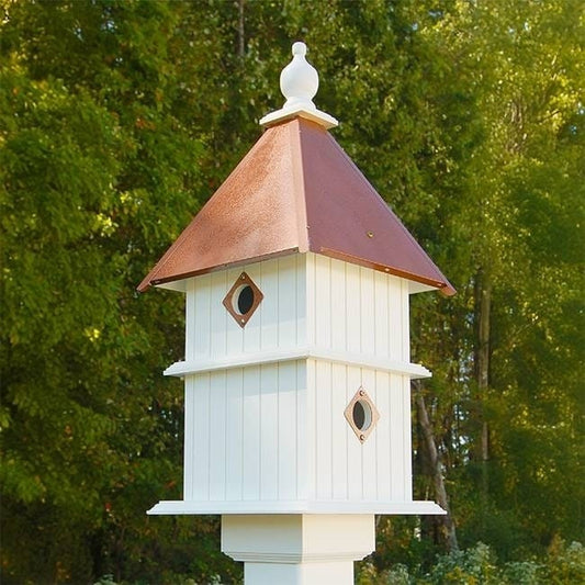 White Two-Story Songbird Birdhouse with Copper-Color Roof