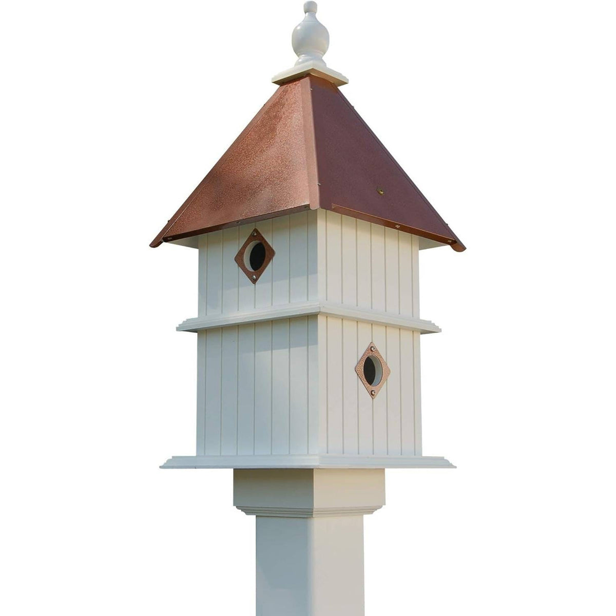 White Two-Story Songbird Birdhouse with Copper-Color Roof