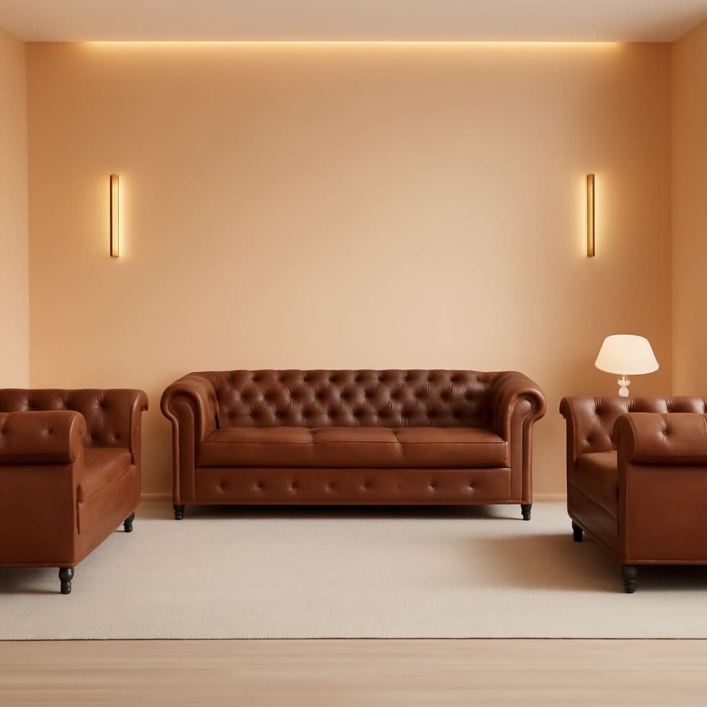 3 Piece Chesterfield Leather Sofa Set With Rolled Arms And Nailhead Trim Modern Brown Living Room Set