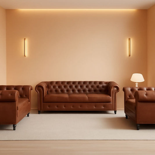 3 Piece Chesterfield Leather Sofa Set With Rolled Arms And Nailhead Trim Modern Brown Living Room Set