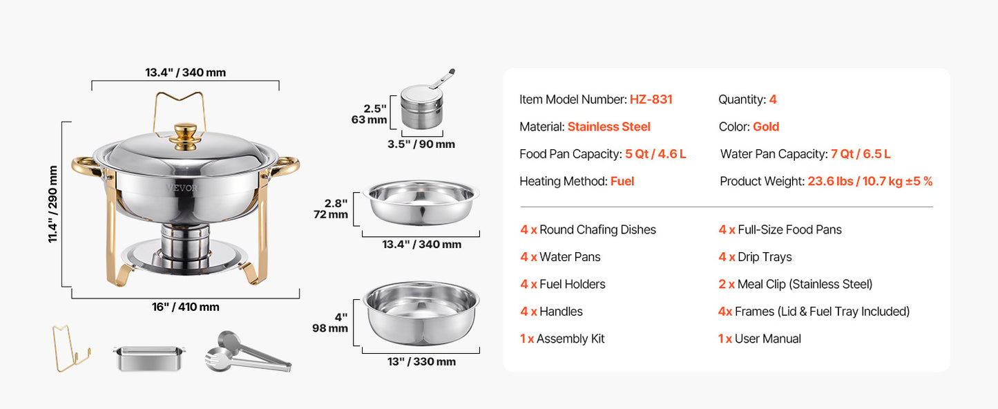 4 Pack Chafing Dish Buffet Se t Stainless Steel Chafer w/4 Full Size Pan Round