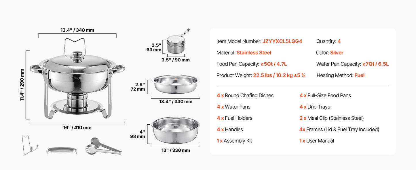 4 Pack Chafing Dish Buffet Se t Stainless Steel Chafer w/4 Full Size Pan Round