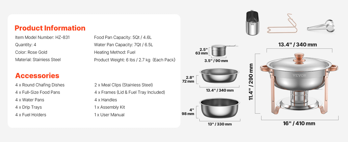4 Pack Chafing Dish Buffet Se t Stainless Steel Chafer w/4 Full Size Pan Round