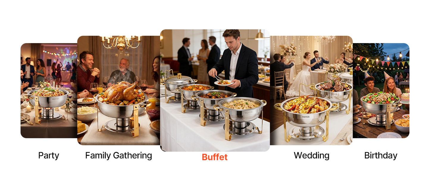 4 Pack Chafing Dish Buffet Se t Stainless Steel Chafer w/4 Full Size Pan Round