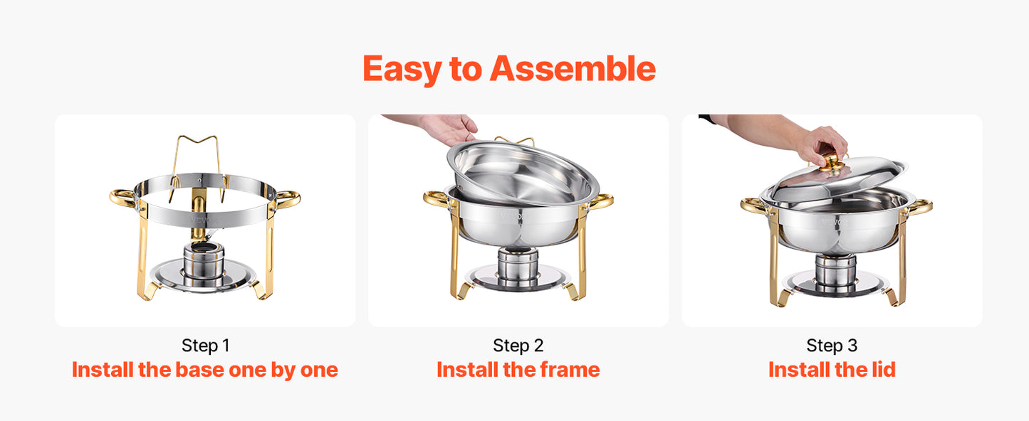 4 Pack Chafing Dish Buffet Se t Stainless Steel Chafer w/4 Full Size Pan Round