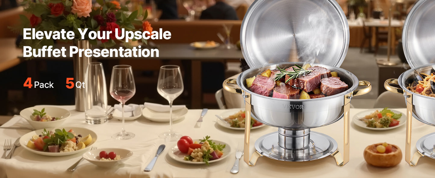 4 Pack Chafing Dish Buffet Se t Stainless Steel Chafer w/4 Full Size Pan Round
