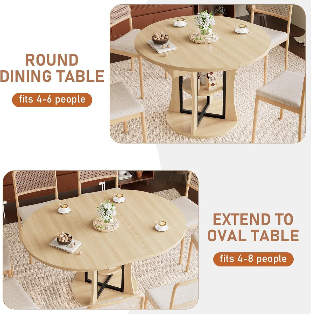 Extendable Oval Dining Table with Storage Shelf, Oak-Finish Wood Grain