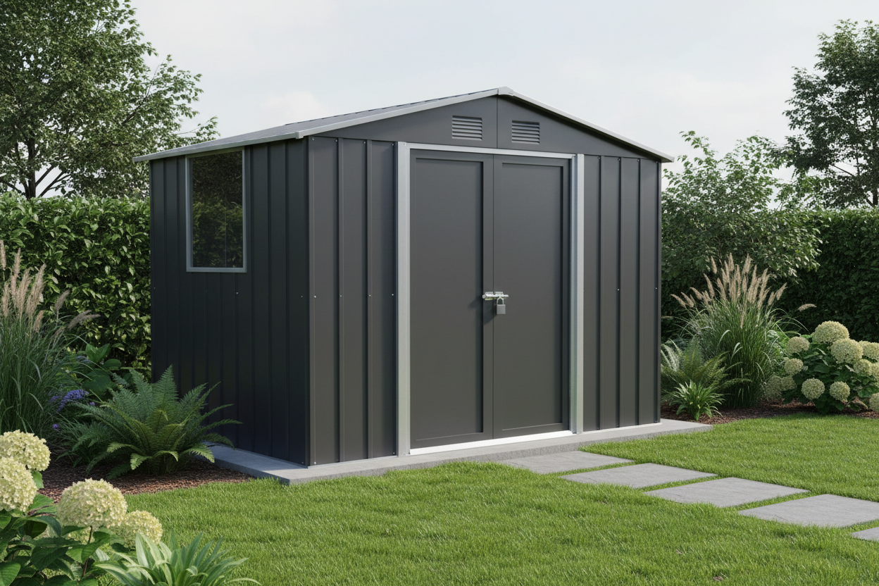 Litex 8x6 FT Outdoor Storage Shed – Galvanized Steel Tool Shed with Window, Lockable Doors & Sloped Roof