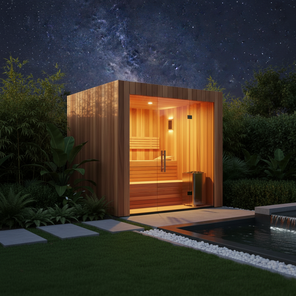 Red Cedar Cube Sauna Night Shot